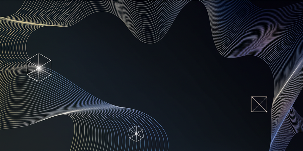 A faint soundwave matrix wrapping around floating geometric nodes